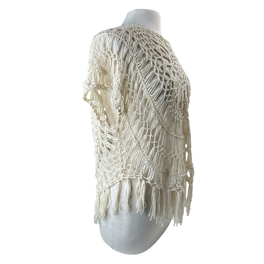 Forever21 Crochet Top Beach Cover Up Cream Fringe Poncho Crochet Shirt Summer - Picture 5 of 13